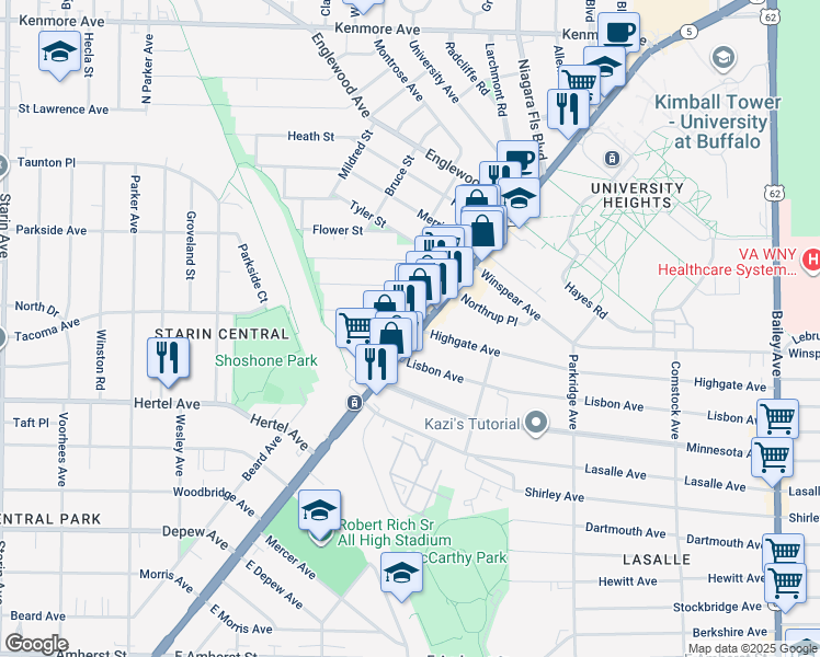 map of restaurants, bars, coffee shops, grocery stores, and more near 3112 Main Street in Buffalo