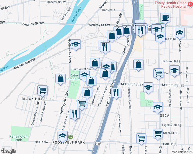 map of restaurants, bars, coffee shops, grocery stores, and more near 726 Cesar E. Chavez Avenue Southwest in Grand Rapids