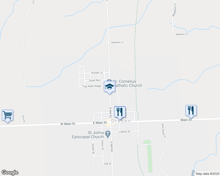 map of restaurants, bars, coffee shops, grocery stores, and more near 3834 North Mill Road in Dryden