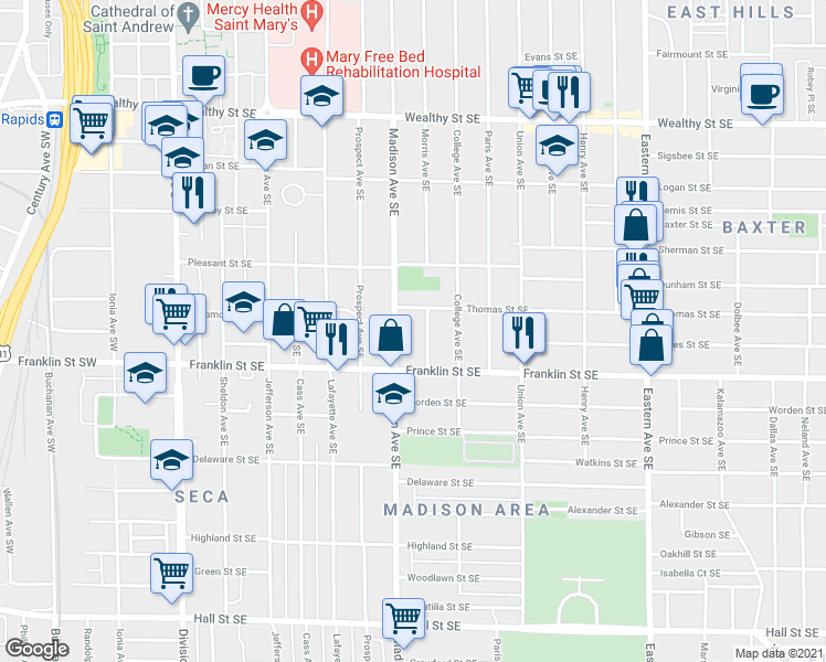 map of restaurants, bars, coffee shops, grocery stores, and more near 726 Madison Avenue Southeast in Grand Rapids