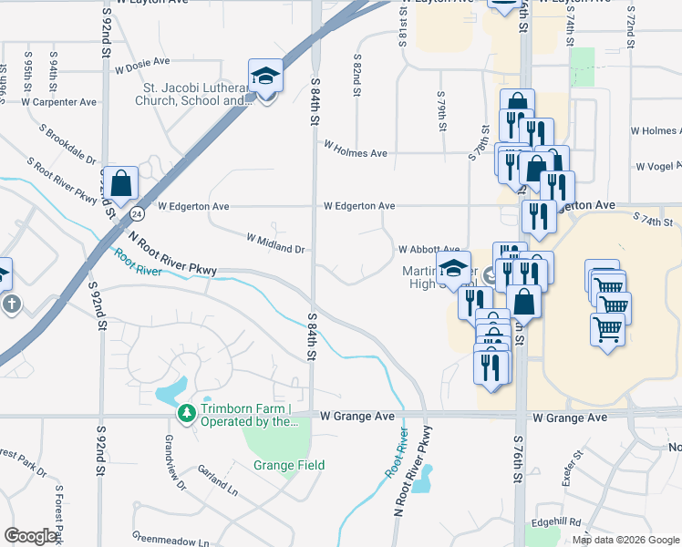 map of restaurants, bars, coffee shops, grocery stores, and more near 8312 Parkridge Court West in Greendale