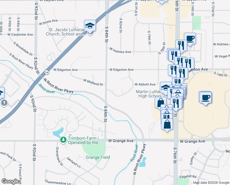 map of restaurants, bars, coffee shops, grocery stores, and more near 8312 Parkridge Court West in Greendale