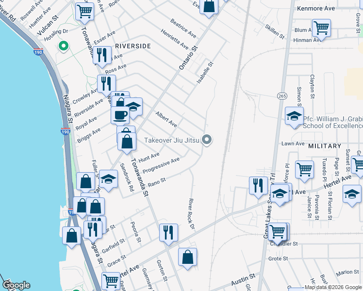 map of restaurants, bars, coffee shops, grocery stores, and more near 117 Mayer Avenue in Buffalo