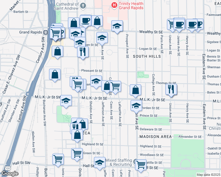 map of restaurants, bars, coffee shops, grocery stores, and more near 709 Cass Avenue Southeast in Grand Rapids