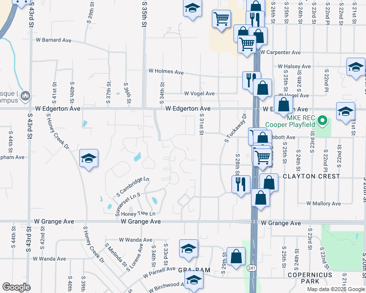 map of restaurants, bars, coffee shops, grocery stores, and more near 5267 Woodbridge Lane South in Greenfield