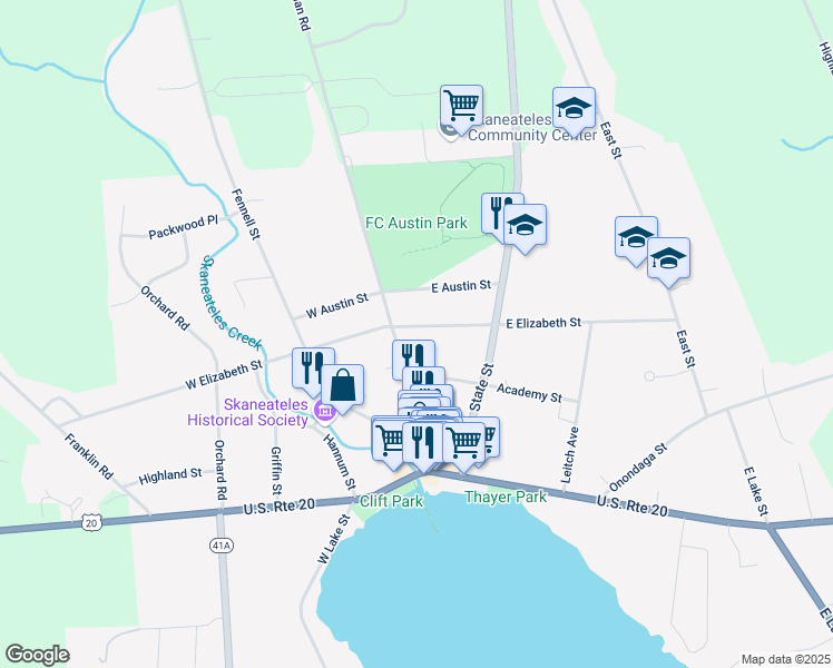 map of restaurants, bars, coffee shops, grocery stores, and more near 60 Jordan Street in Skaneateles