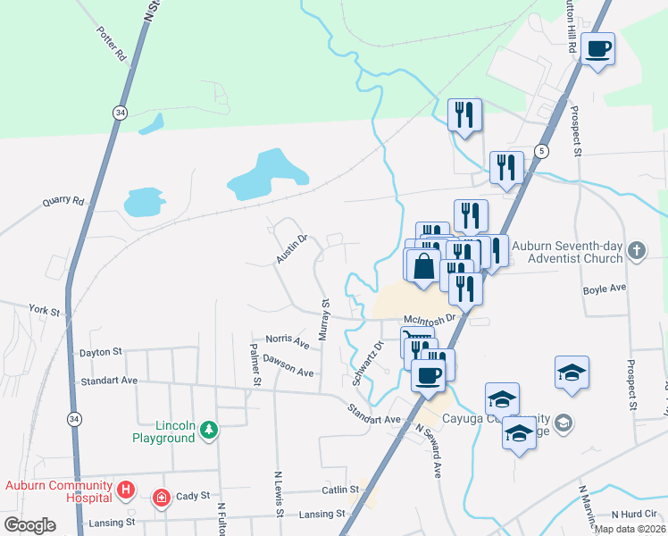 map of restaurants, bars, coffee shops, grocery stores, and more near 170 Murray Street in Auburn