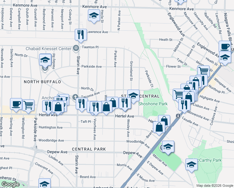 map of restaurants, bars, coffee shops, grocery stores, and more near 371 Parker Avenue in Buffalo