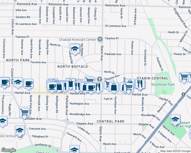 map of restaurants, bars, coffee shops, grocery stores, and more near 340 Starin Avenue in Buffalo