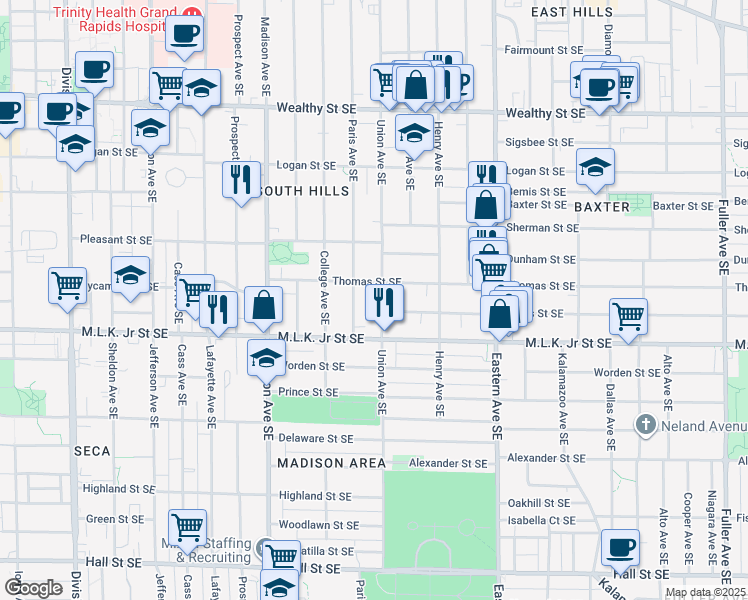 map of restaurants, bars, coffee shops, grocery stores, and more near 721 Union Avenue Southeast in Grand Rapids