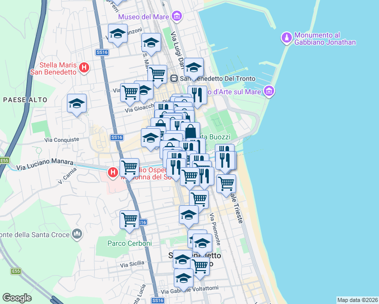 map of restaurants, bars, coffee shops, grocery stores, and more near 97 Via Ugo Bassi in San Benedetto del Tronto