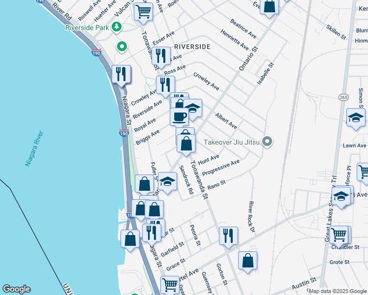 map of restaurants, bars, coffee shops, grocery stores, and more near 45 Heward Avenue in Buffalo