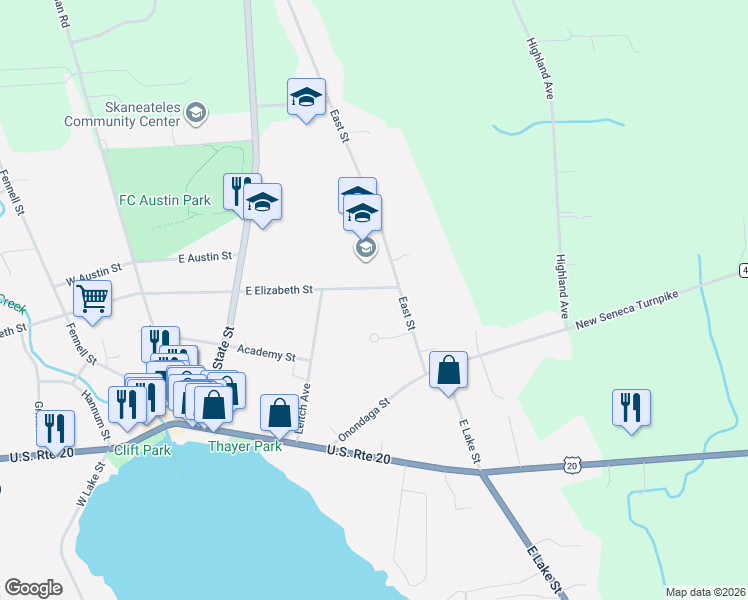 map of restaurants, bars, coffee shops, grocery stores, and more near 64 E Elizabeth St in Skaneateles