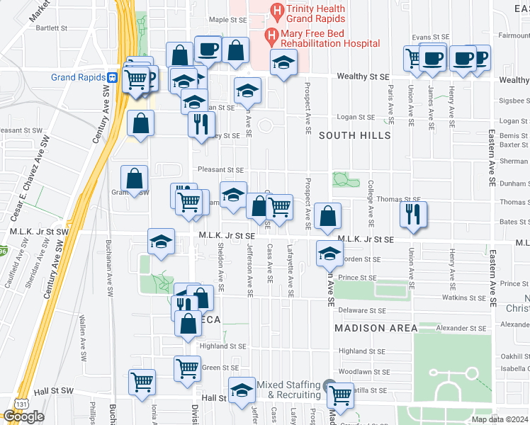 map of restaurants, bars, coffee shops, grocery stores, and more near 709 Cass Avenue Southeast in Grand Rapids