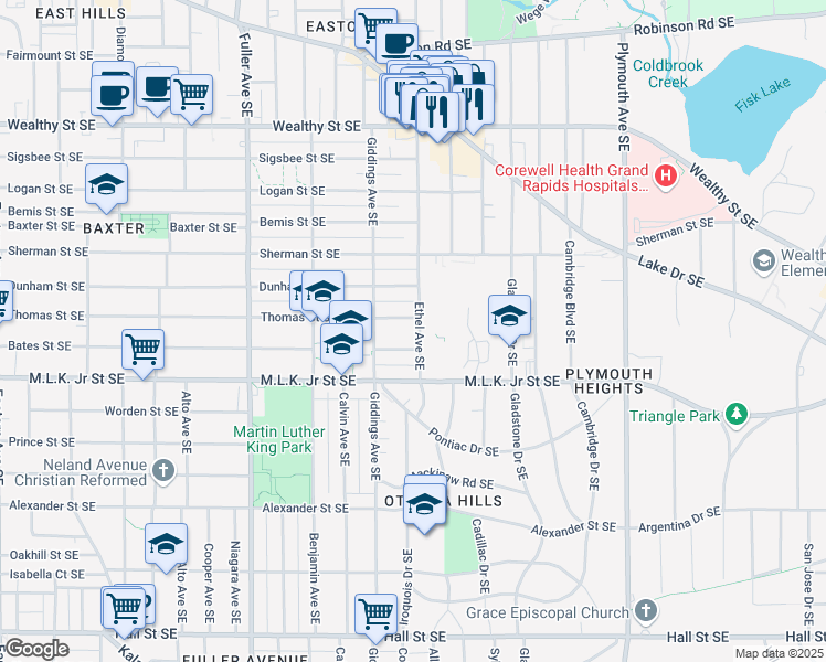 map of restaurants, bars, coffee shops, grocery stores, and more near 711 Ethel Avenue Southeast in Grand Rapids