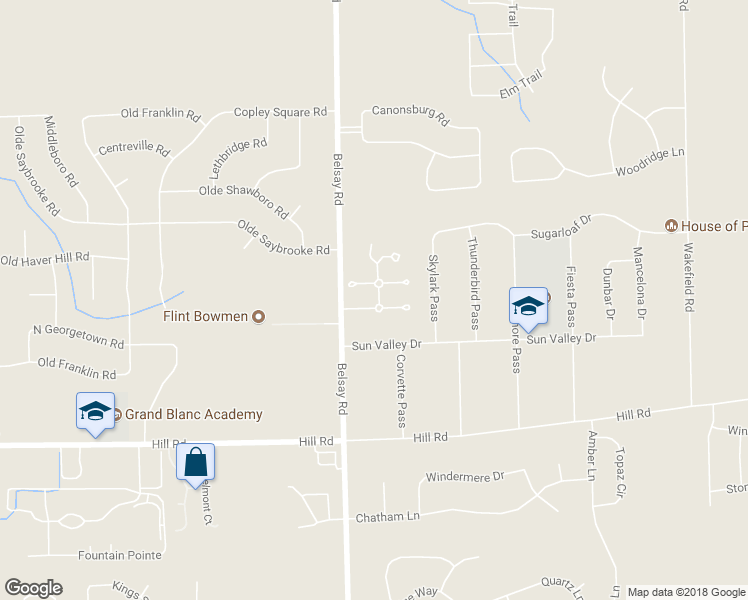 map of restaurants, bars, coffee shops, grocery stores, and more near 5435 Country Club Lane in Grand Blanc