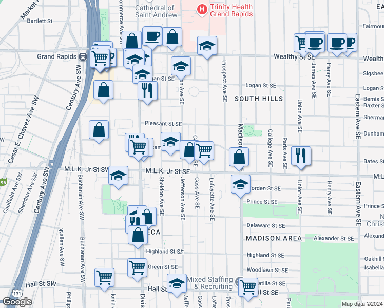 map of restaurants, bars, coffee shops, grocery stores, and more near 707 Cass Avenue Southeast in Grand Rapids