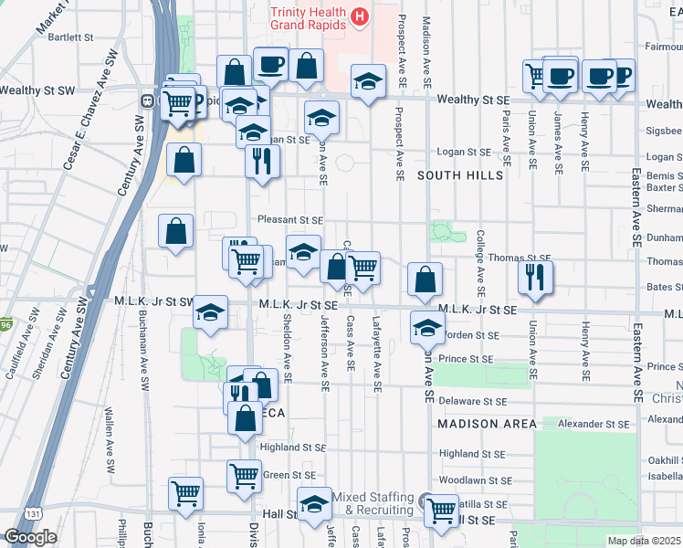 map of restaurants, bars, coffee shops, grocery stores, and more near 707 Cass Avenue Southeast in Grand Rapids