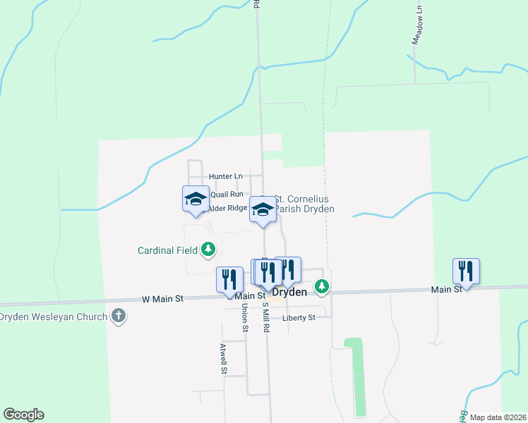 map of restaurants, bars, coffee shops, grocery stores, and more near North Mill Road in Dryden