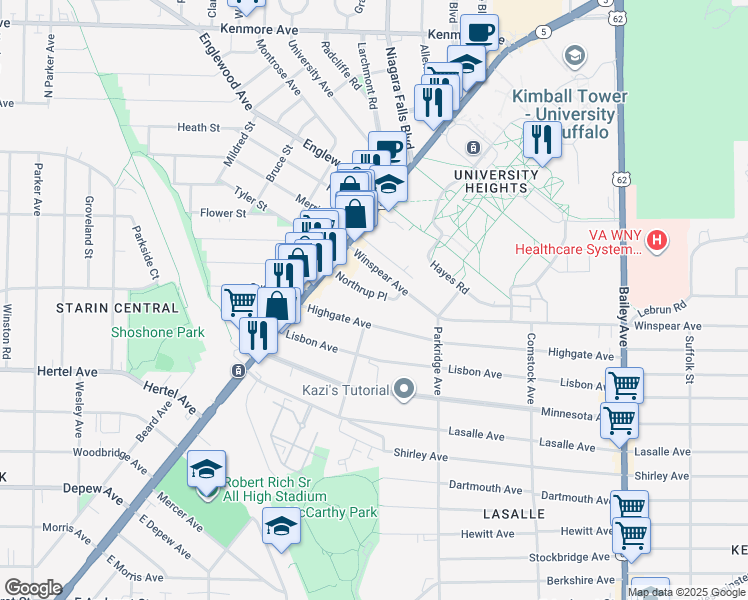 map of restaurants, bars, coffee shops, grocery stores, and more near 57 Northrup Place in Buffalo