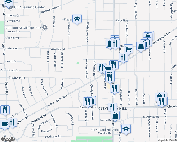 map of restaurants, bars, coffee shops, grocery stores, and more near 500 Washington Highway in Buffalo