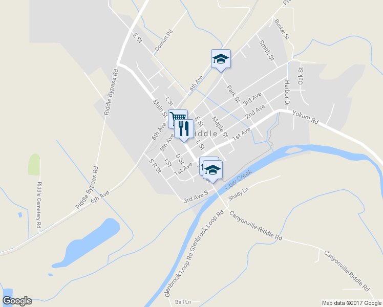 map of restaurants, bars, coffee shops, grocery stores, and more near 127 Main Street in Riddle