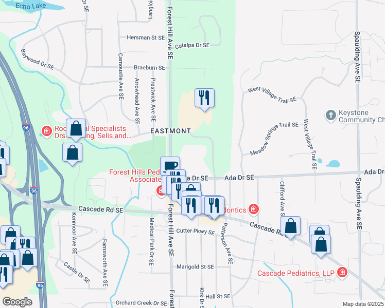 map of restaurants, bars, coffee shops, grocery stores, and more near 730 Forest Hill Avenue Southeast in Grand Rapids