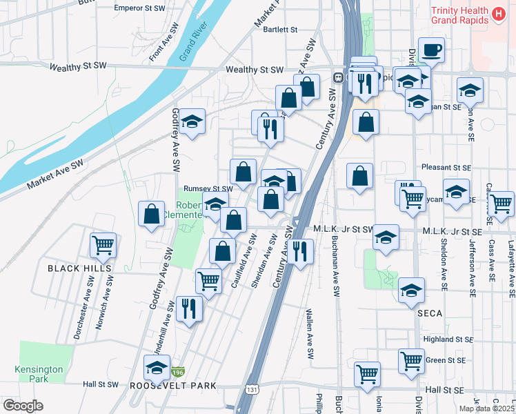 map of restaurants, bars, coffee shops, grocery stores, and more near 372 Rumsey Street Southwest in Grand Rapids