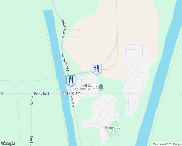 map of restaurants, bars, coffee shops, grocery stores, and more near 39 Superior Street in Welland
