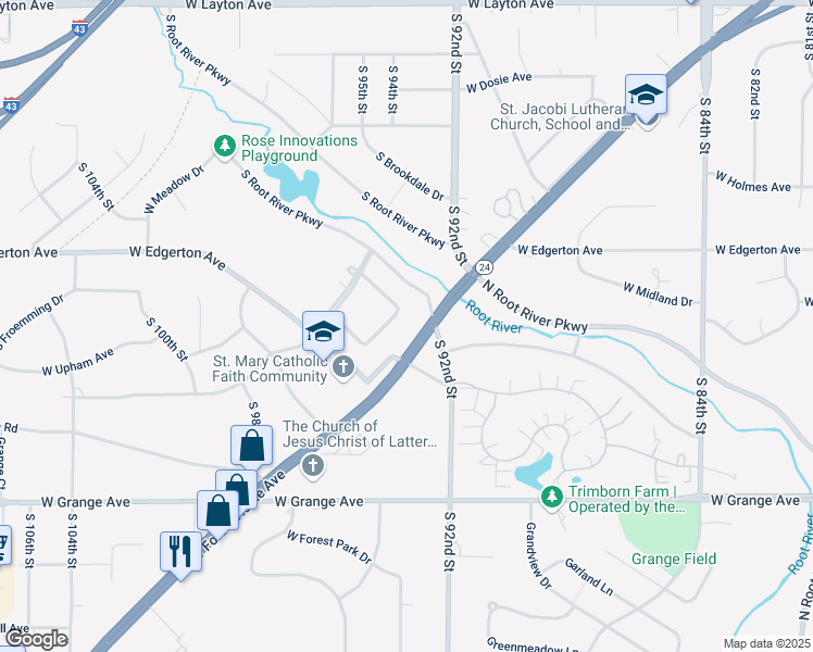 map of restaurants, bars, coffee shops, grocery stores, and more near 5175 South Root River Parkway in Greenfield