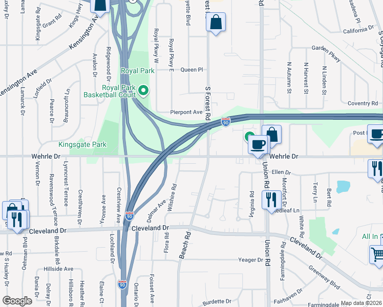 map of restaurants, bars, coffee shops, grocery stores, and more near 651 Wehrle Drive in Buffalo