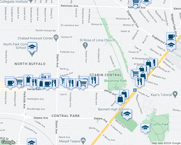 map of restaurants, bars, coffee shops, grocery stores, and more near 371 Parker Avenue in Buffalo