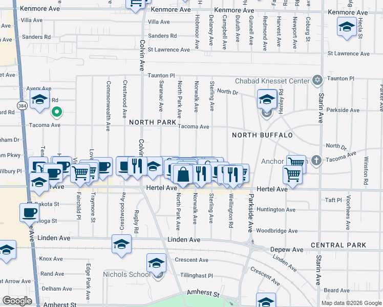 map of restaurants, bars, coffee shops, grocery stores, and more near 180 Norwalk Avenue in Buffalo