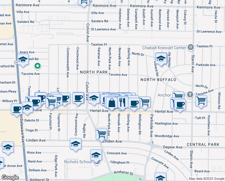 map of restaurants, bars, coffee shops, grocery stores, and more near 180 Norwalk Avenue in Buffalo