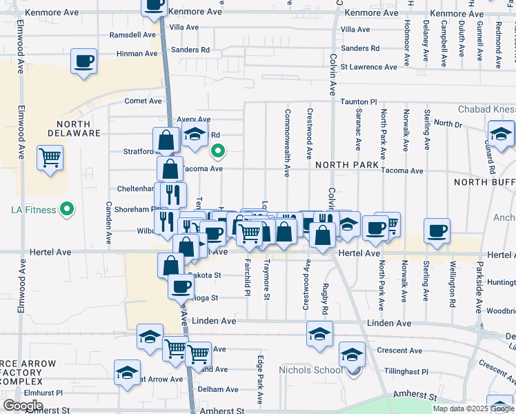 map of restaurants, bars, coffee shops, grocery stores, and more near 55 Virgil Avenue in Buffalo