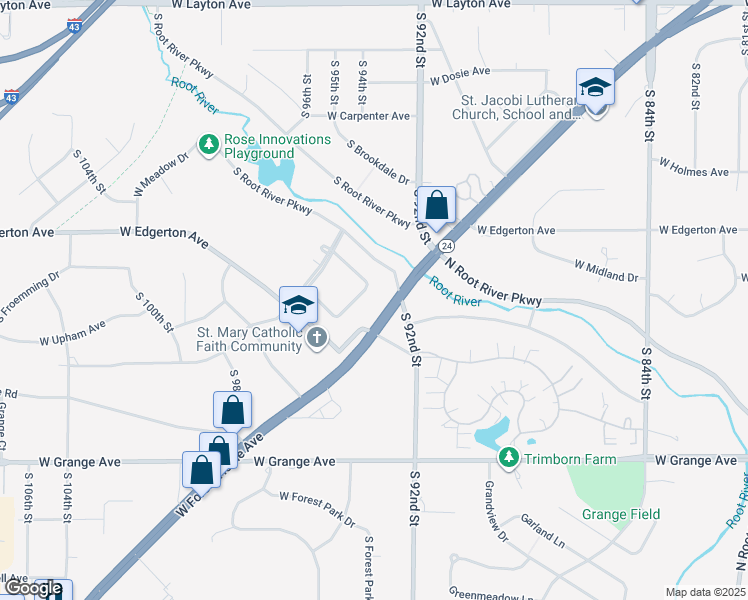 map of restaurants, bars, coffee shops, grocery stores, and more near 5175 South Root River Parkway in Greenfield