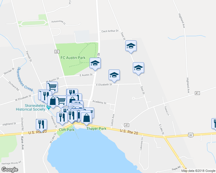 map of restaurants, bars, coffee shops, grocery stores, and more near 42 East Elizabeth Street in Skaneateles