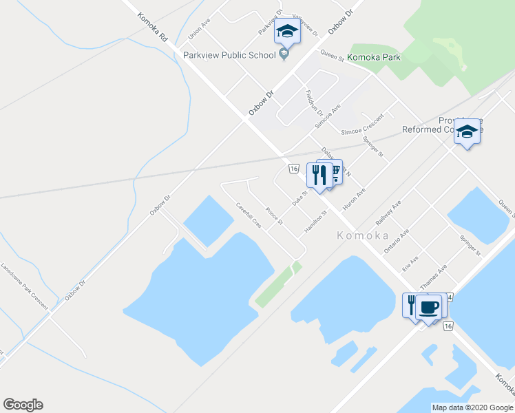 map of restaurants, bars, coffee shops, grocery stores, and more near 128 Prince Street in Komoka