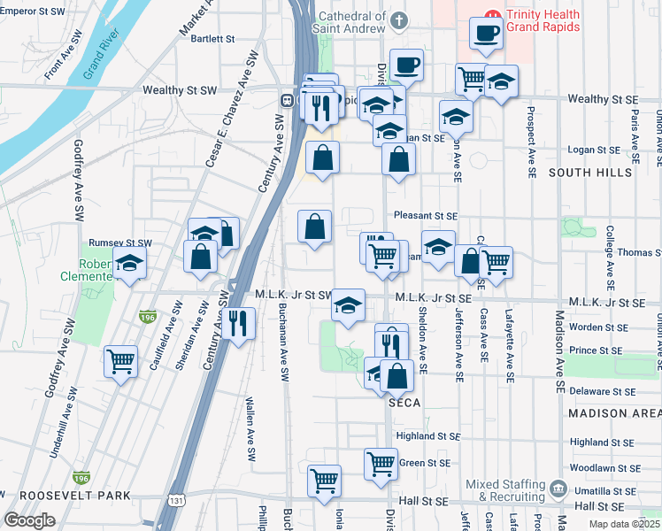 map of restaurants, bars, coffee shops, grocery stores, and more near 43 Graham Street Southwest in Grand Rapids