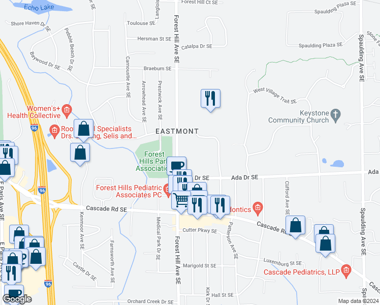map of restaurants, bars, coffee shops, grocery stores, and more near 730 Forest Hill Avenue Southeast in Grand Rapids