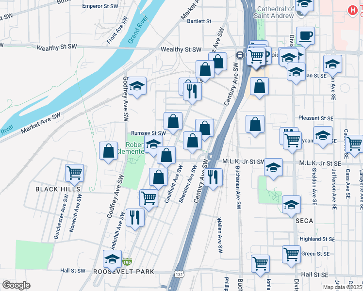 map of restaurants, bars, coffee shops, grocery stores, and more near 378 Rumsey Street Southwest in Grand Rapids
