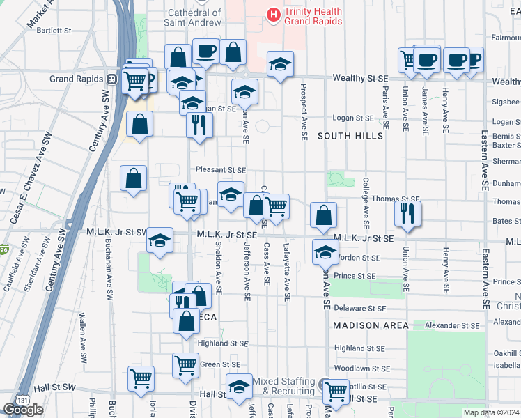 map of restaurants, bars, coffee shops, grocery stores, and more near 703 Cass Avenue Southeast in Grand Rapids