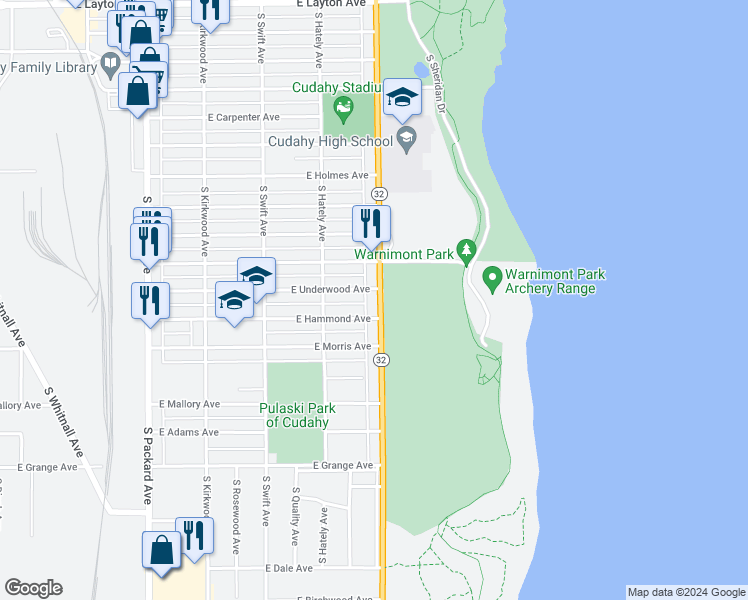 map of restaurants, bars, coffee shops, grocery stores, and more near 5211 South Lake Drive in Cudahy