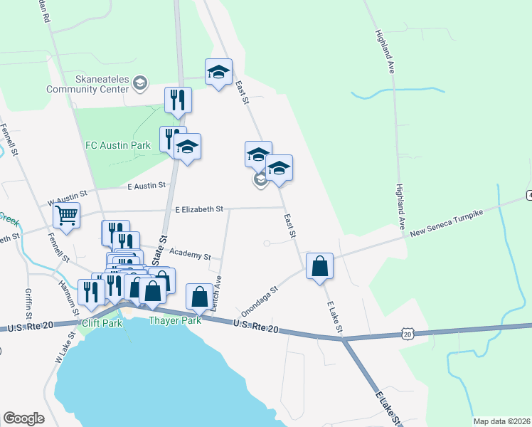 map of restaurants, bars, coffee shops, grocery stores, and more near 64 E Elizabeth St in Skaneateles
