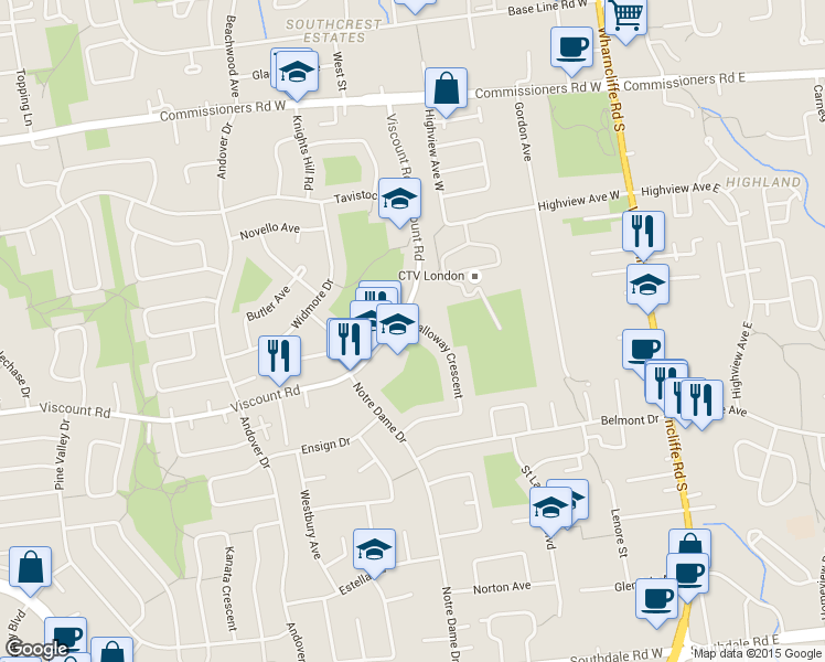 map of restaurants, bars, coffee shops, grocery stores, and more near 667 Galloway Crescent in London
