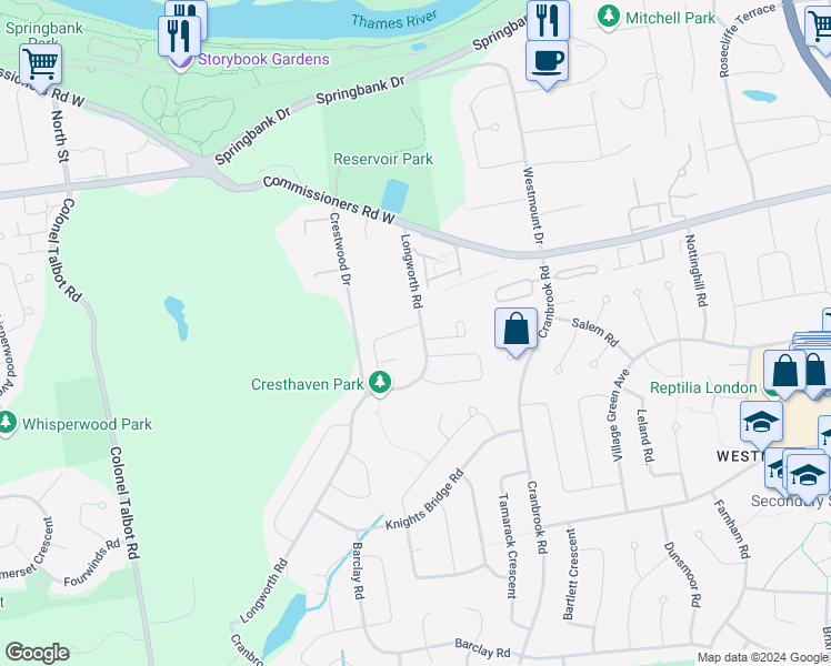map of restaurants, bars, coffee shops, grocery stores, and more near 830 Cresthaven Crescent in London