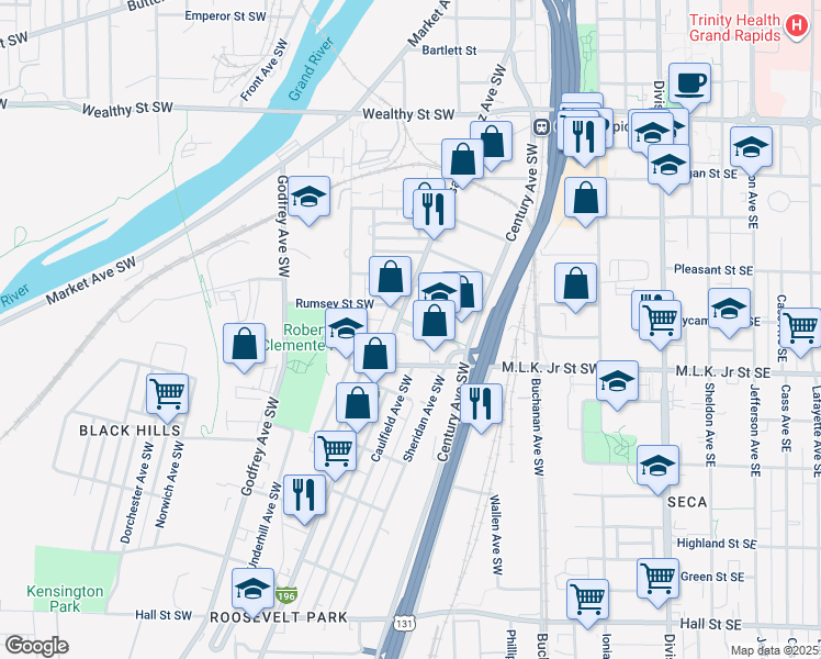 map of restaurants, bars, coffee shops, grocery stores, and more near 378 Rumsey Street Southwest in Grand Rapids