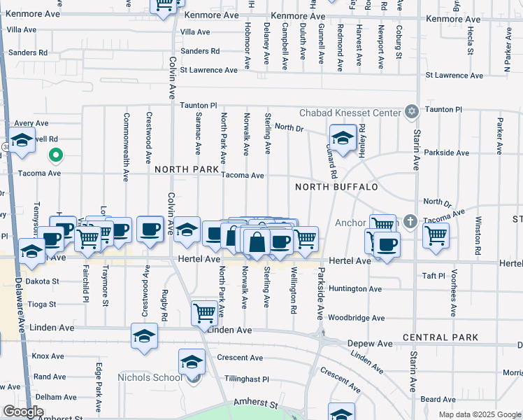 map of restaurants, bars, coffee shops, grocery stores, and more near 172 Sterling Avenue in Buffalo