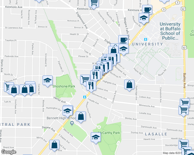 map of restaurants, bars, coffee shops, grocery stores, and more near 3112 Main Street in Buffalo