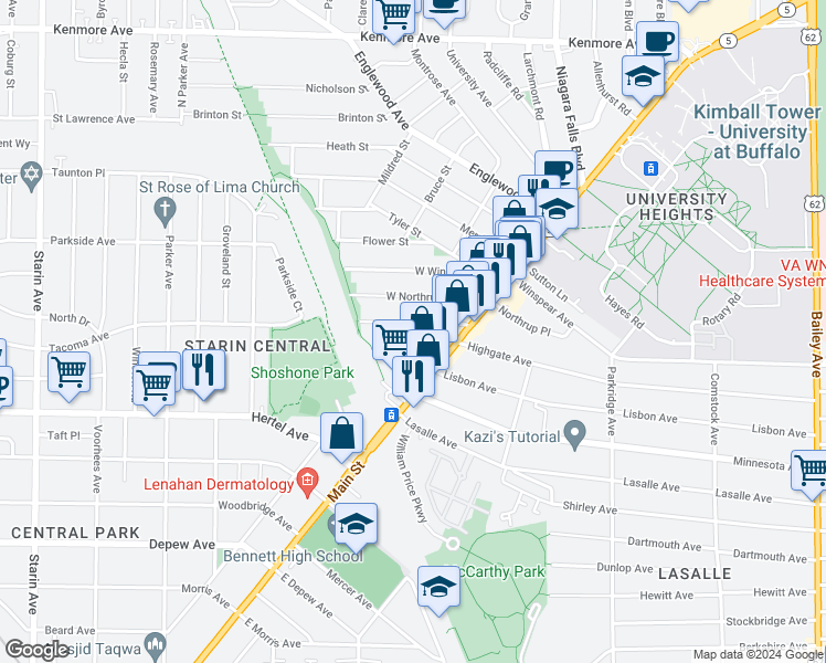 map of restaurants, bars, coffee shops, grocery stores, and more near 66 Custer Street in Buffalo